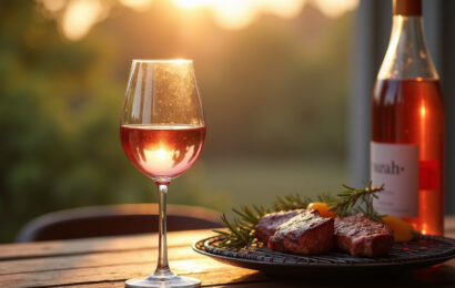Dunkler Roséwein in einem Glas neben gegrilltem Fleisch mit Rosmarin auf einem Holztisch