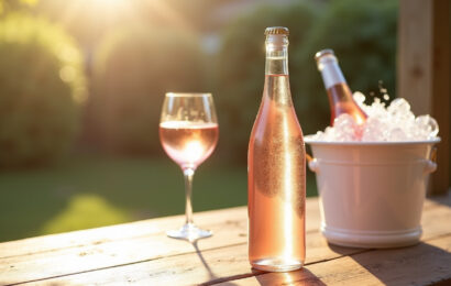 Glas mit blassrosa Roséwein auf einem sonnigen Tisch im Freien, im Hintergrund eine gekühlte Flasche im Eisbehälter