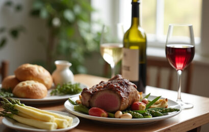 Festlich gedeckter Ostertisch mit Lammbraten, Spargel, Brot und zwei Weingläsern, eines mit Rotwein, eines mit Weißwein.