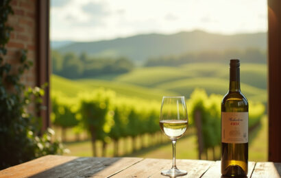 Weinberge in der Pfalz mit einem Glas Weißwein im Vordergrund